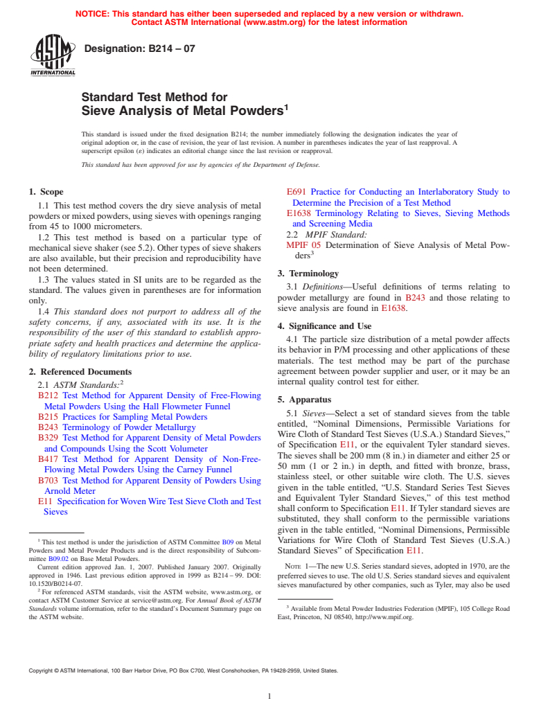 ASTM B214-07 - Standard Test Method for Sieve Analysis of Metal Powders