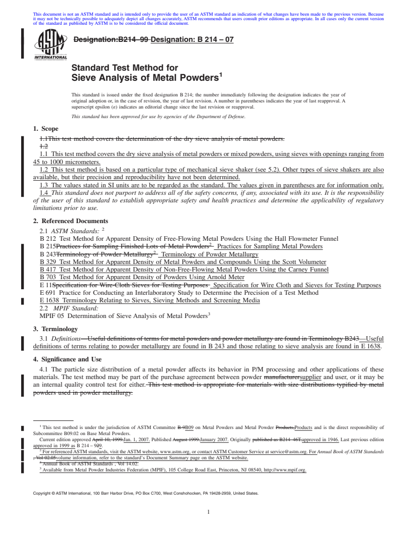 REDLINE ASTM B214-07 - Standard Test Method for Sieve Analysis of Metal Powders