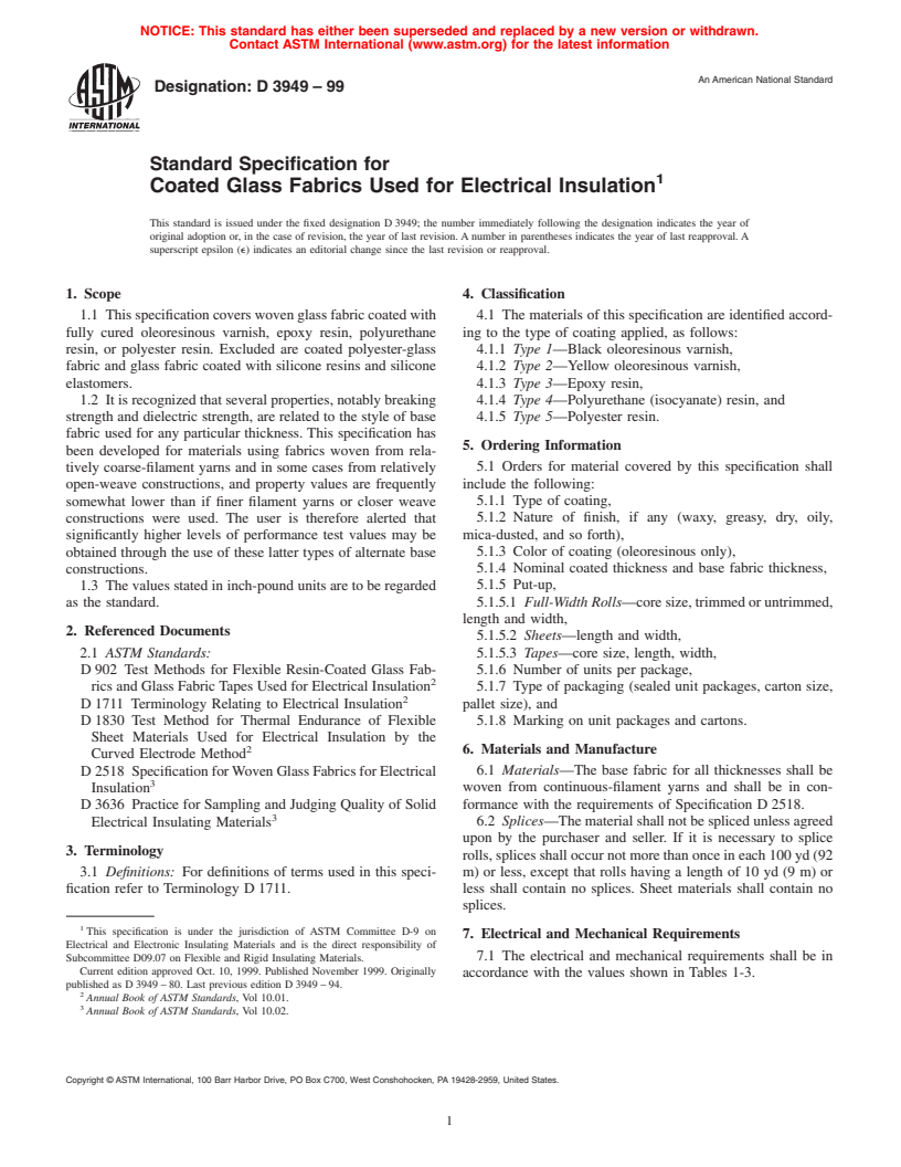 ASTM D3949-99 - Standard Specification for Coated Glass Fabrics Used for Electrical Insulation