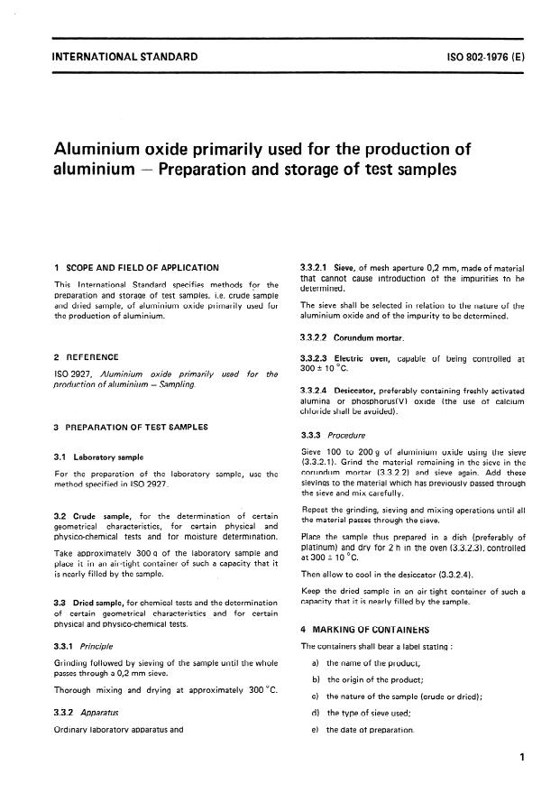 ISO 802:1976 - Aluminium oxide primarily used for the production of aluminium -- Preparation and storage of test samples