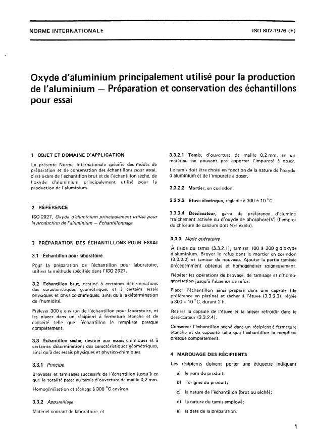 ISO 802:1976 - Oxyde d'aluminium principalement utilisé pour la production de l'aluminium -- Préparation et conservation des échantillons pour essai