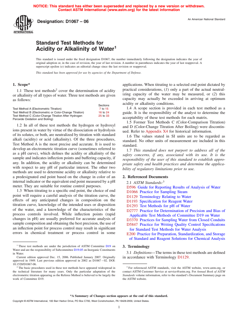 ASTM D1067-06 - Standard Test Methods for Acidity or Alkalinity of Water