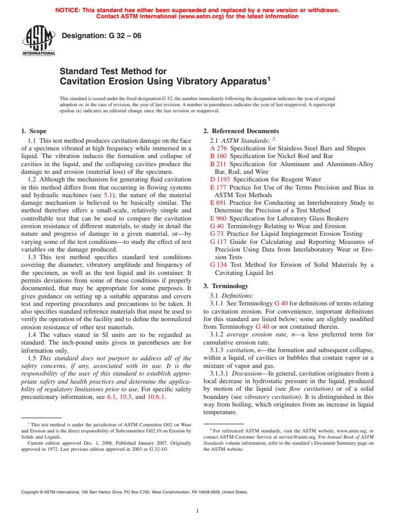 ASTM G32-06 - Standard Test Method for Cavitation Erosion Using Vibratory Apparatus