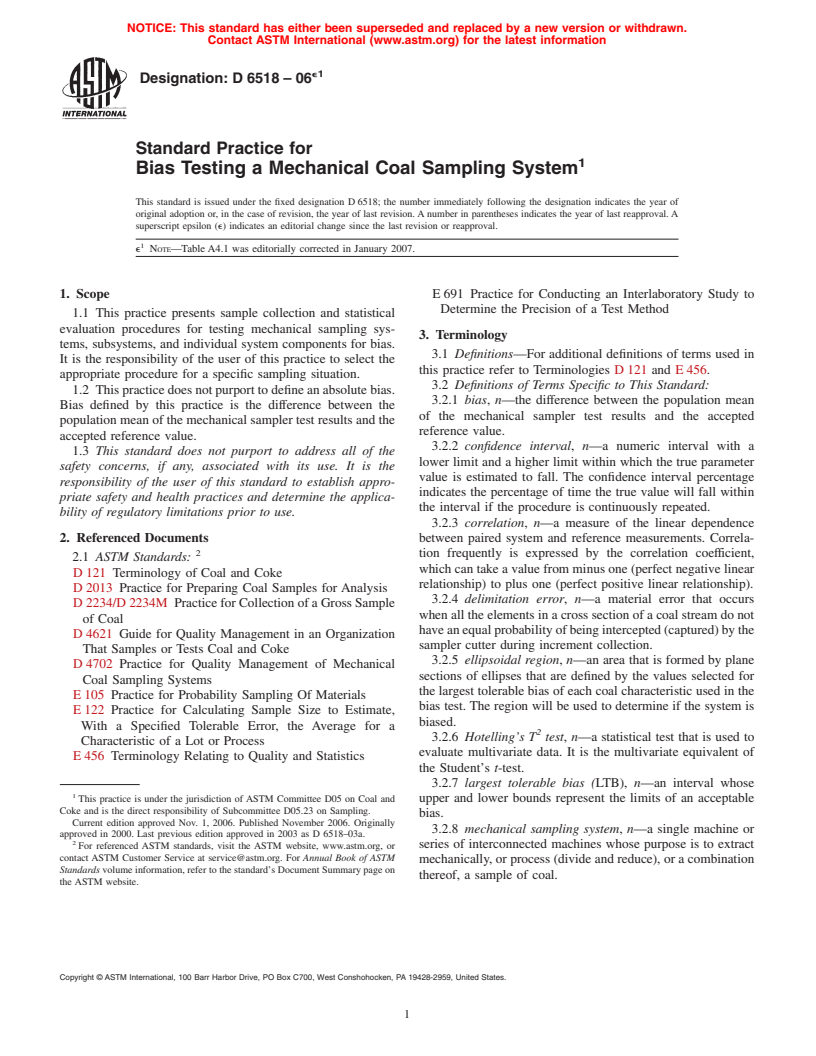 ASTM D6518-06e1 - Standard Practice for Bias Testing a Mechanical Coal Sampling System