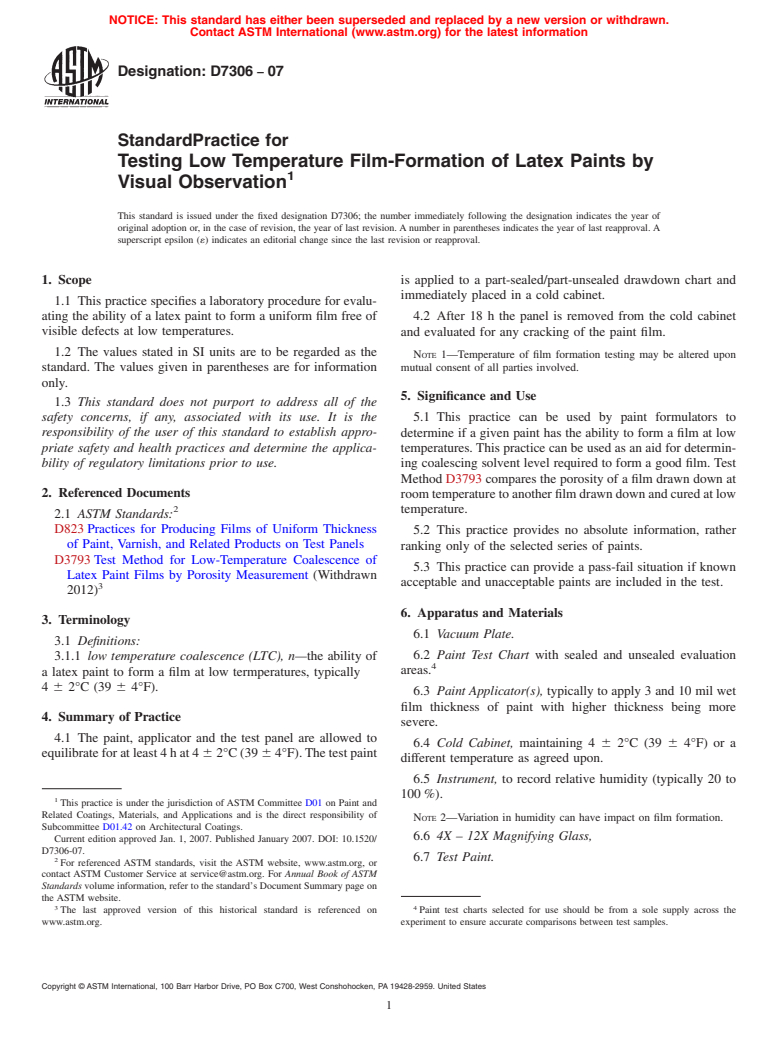 ASTM D7306-07 - Standard Practice for Testing Low Temperature Film-Formation of Latex Paints by Visual Observation