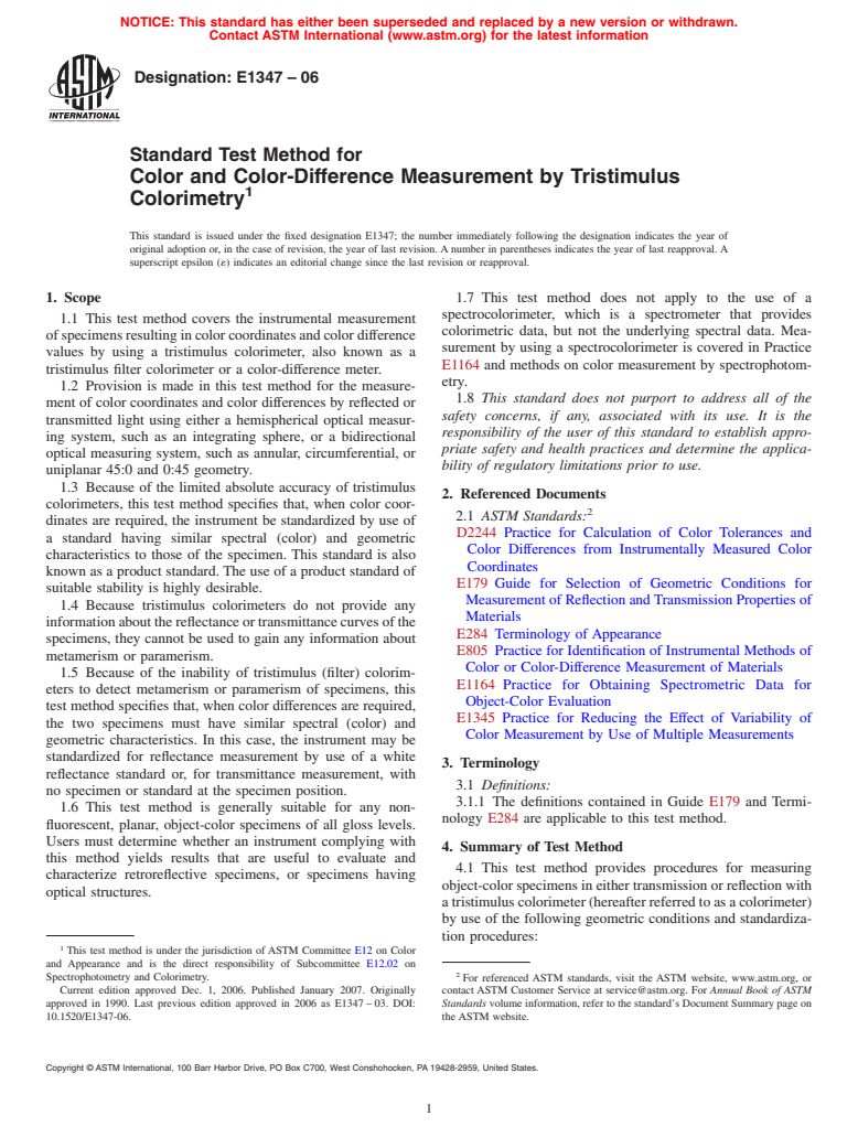ASTM E1347-06 - Standard Test Method for Color and Color-Difference Measurement by Tristimulus Colorimetry