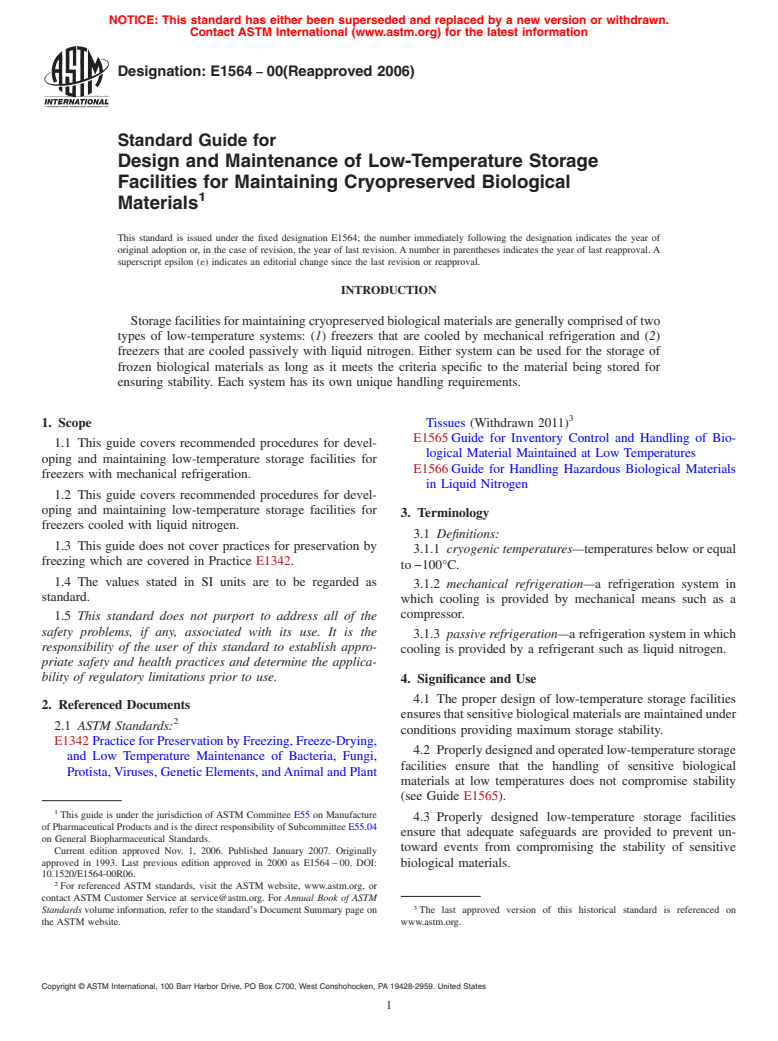 ASTM E1564-00(2006) - Standard Guide for Design and Maintenance of Low-Temperature Storage Facilities for Maintaining Cryopreserved Biological Materials