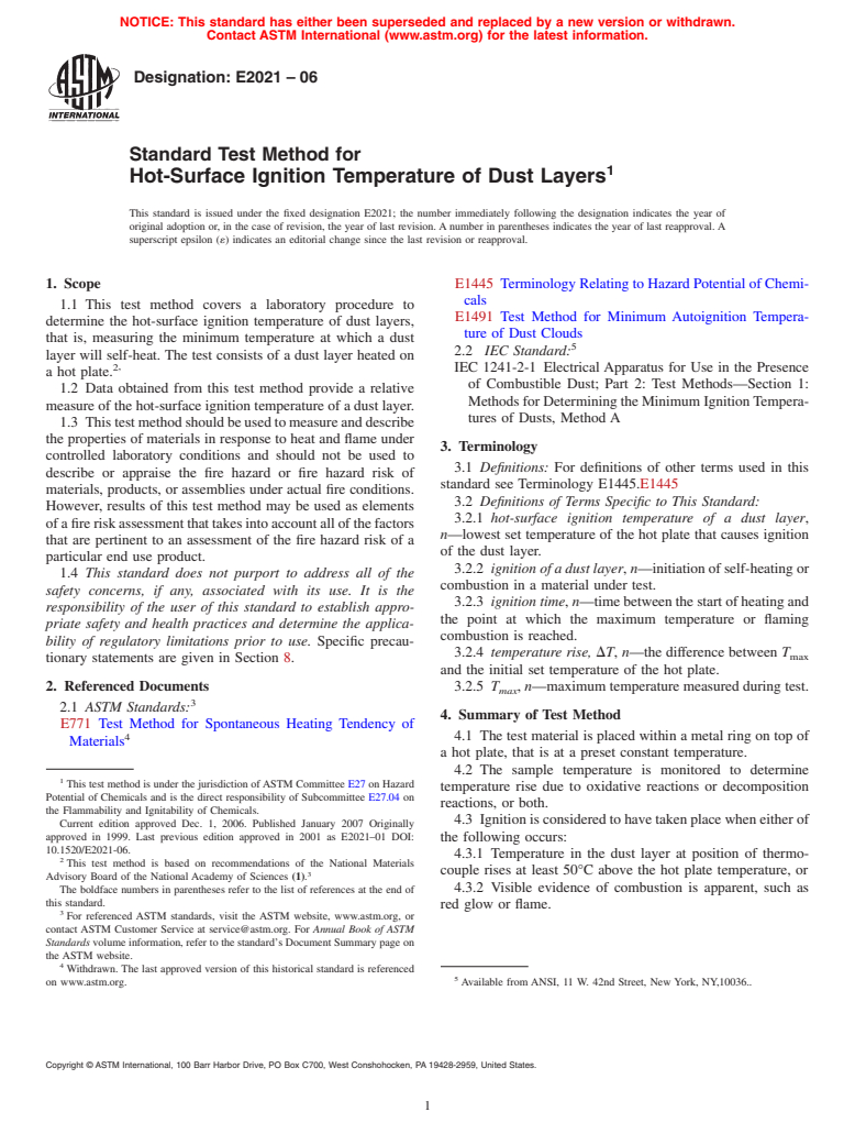 ASTM E2021-06 - Standard Test Method for Hot-Surface Ignition Temperature of Dust Layers