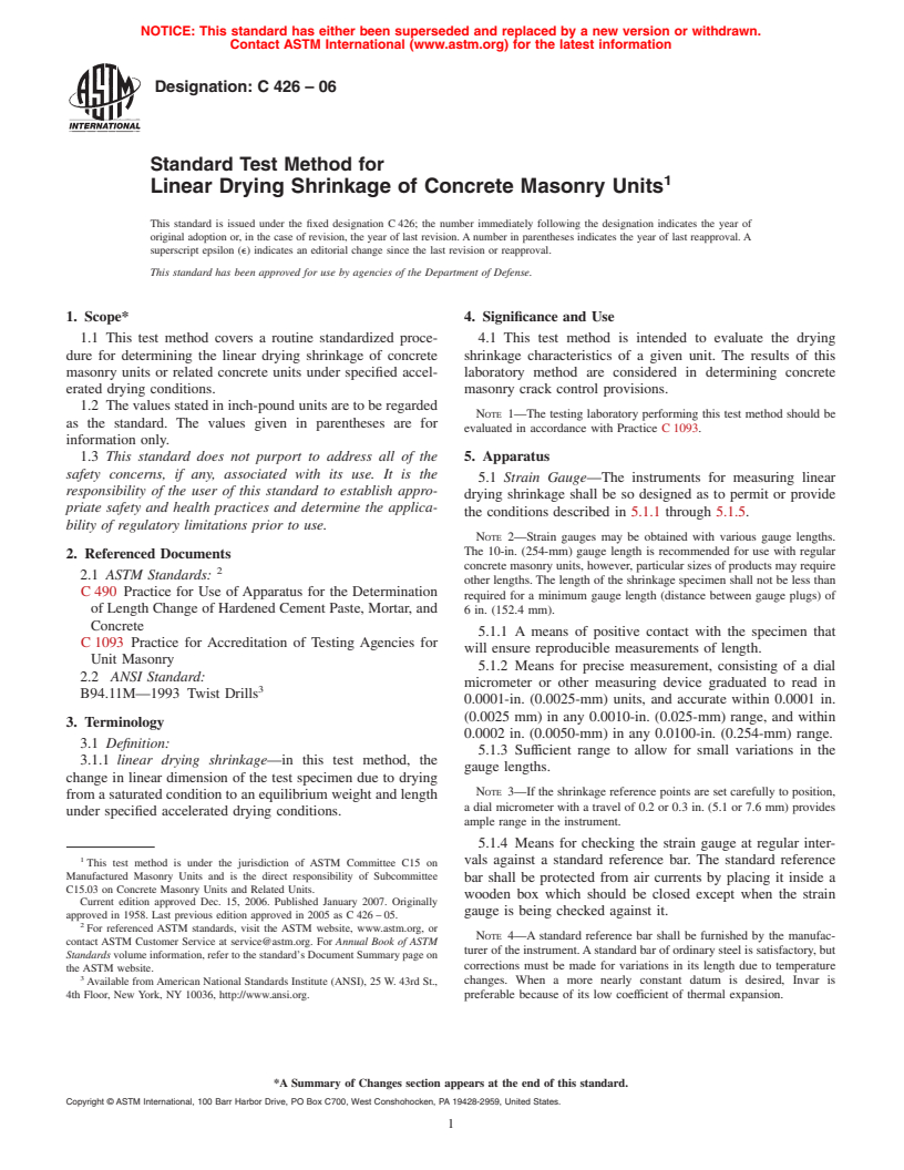 ASTM C426-06 - Standard Test Method for Linear Drying Shrinkage of Concrete Masonry Units