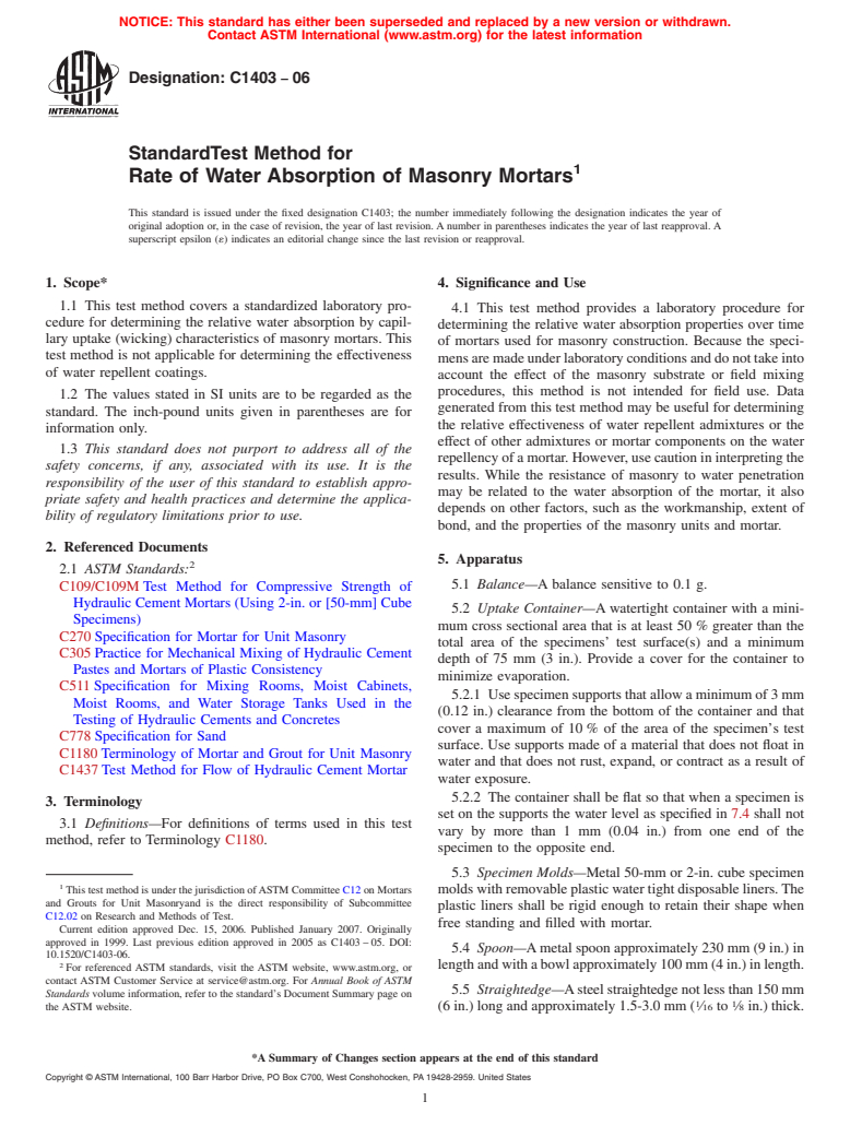 ASTM C1403-06 - Standard Test Method for Rate of Water Absorption of Masonry Mortars