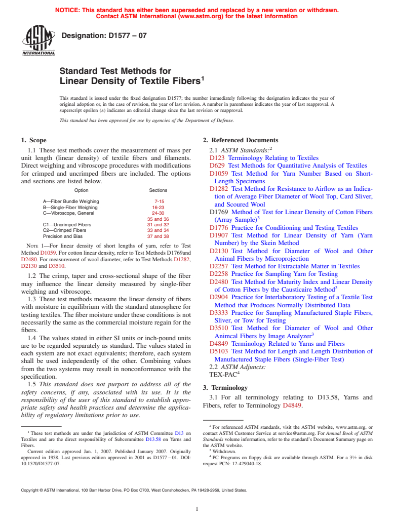 ASTM D1577-07 - Standard Test Methods for Linear Density of Textile Fibers