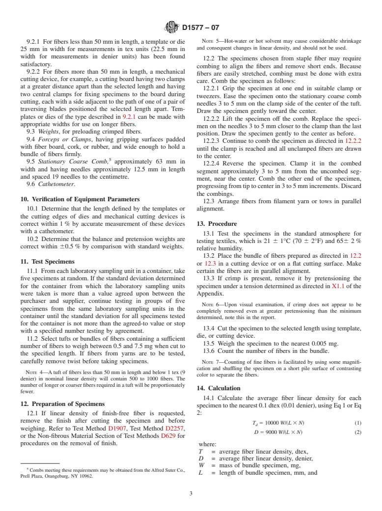 ASTM D1577-07 - Standard Test Methods for Linear Density of Textile Fibers