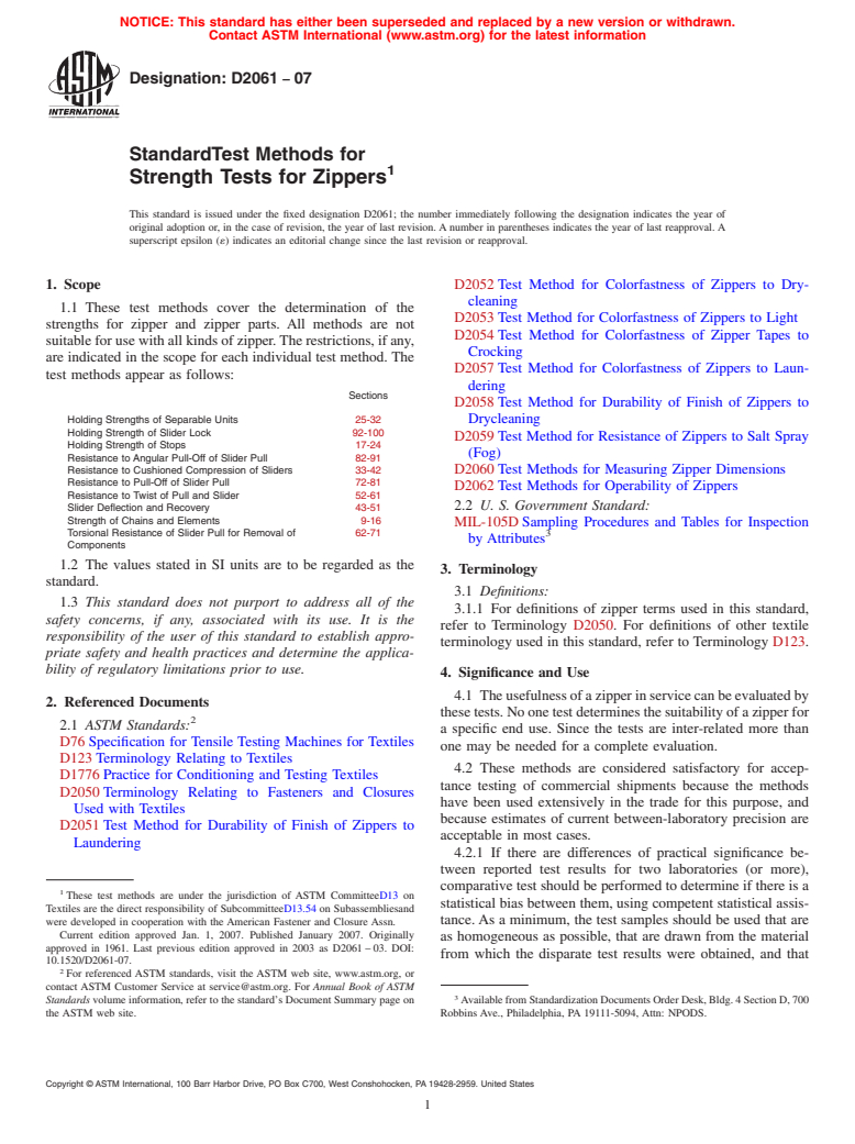 ASTM D2061-07 - Standard Test Methods for Strength Tests for Zippers