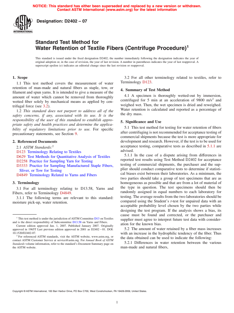 ASTM D2402-07 - Standard Test Method for Water Retention of Textile Fibers (Centrifuge Procedure)