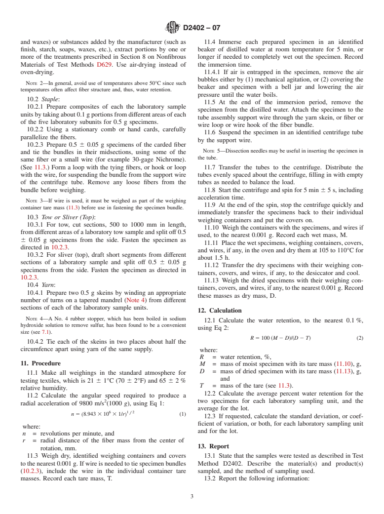 ASTM D2402-07 - Standard Test Method for Water Retention of Textile Fibers (Centrifuge Procedure)