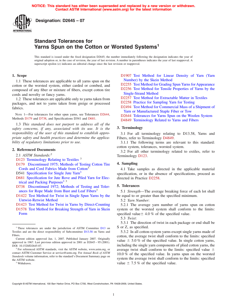 ASTM D2645-07 - Standard Tolerances for Yarns Spun on the Cotton or Worsted Systems