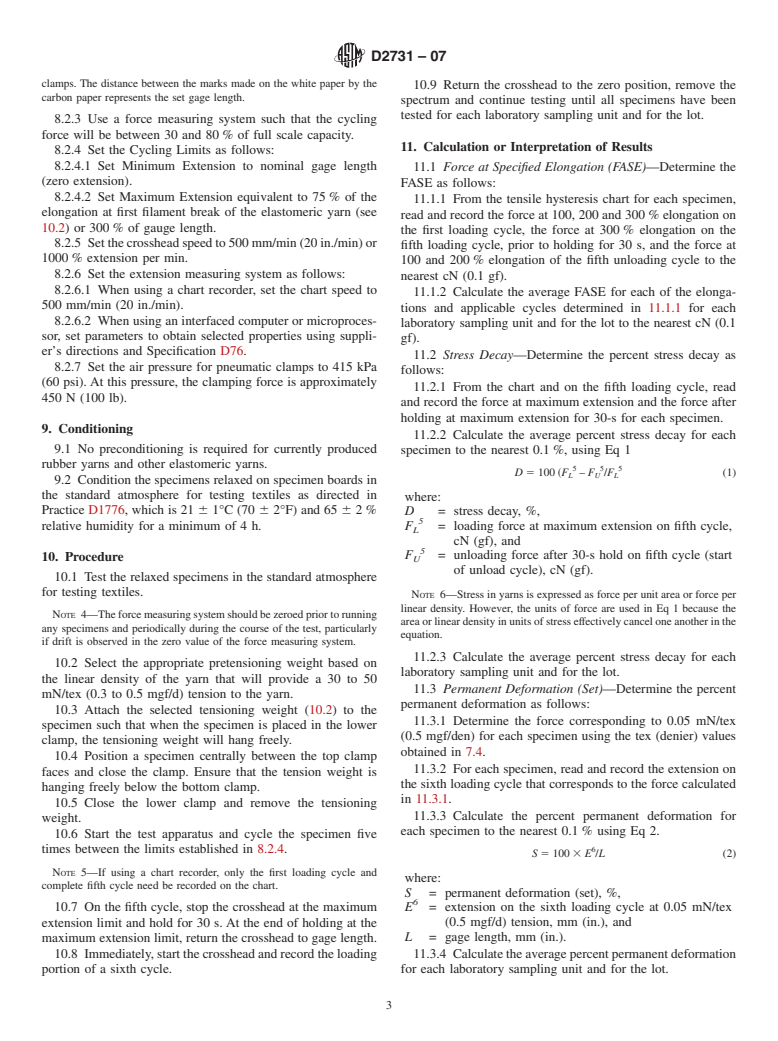 ASTM D2731-07 - Standard Test Method for Elastic Properties of Elastomeric Yarns (CRE Type Tensile Testing Machines)