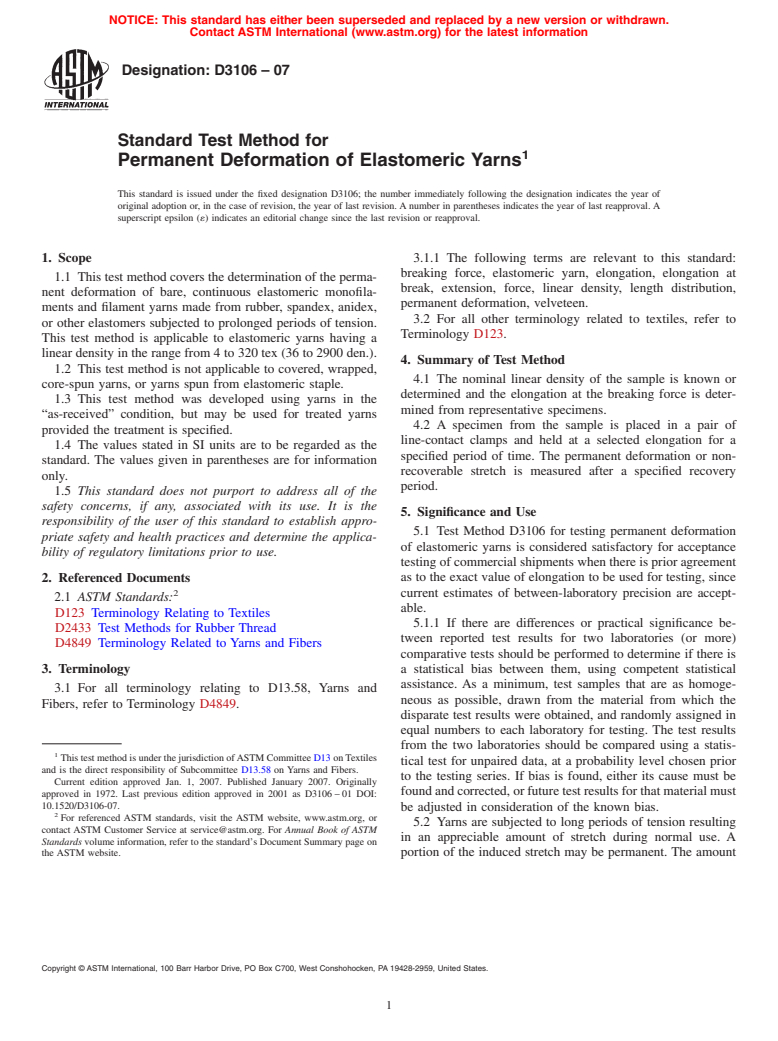 ASTM D3106-07 - Standard Test Method for Permanent Deformation of Elastomeric Yarns