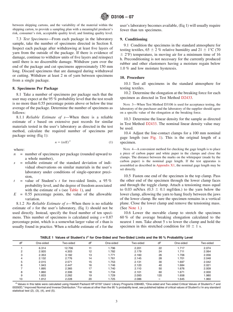 ASTM D3106-07 - Standard Test Method for Permanent Deformation of Elastomeric Yarns