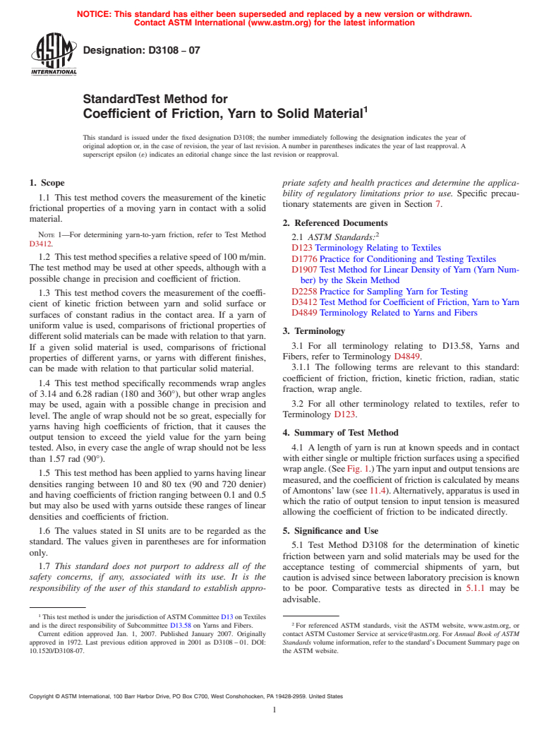 ASTM D3108-07 - Standard Test Method for Coefficient of Friction, Yarn to Solid Material