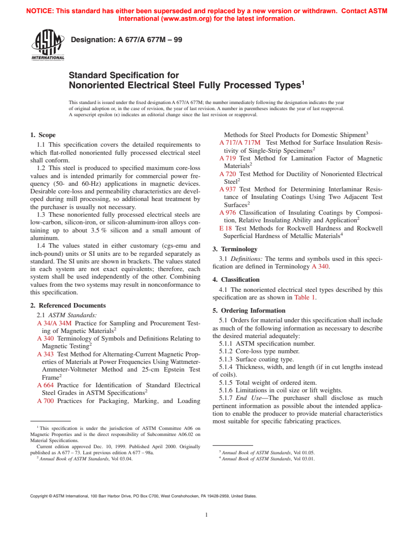 ASTM A677/A677M-99 - Standard Specification for Nonoriented Electrical Steel Fully Processed Types