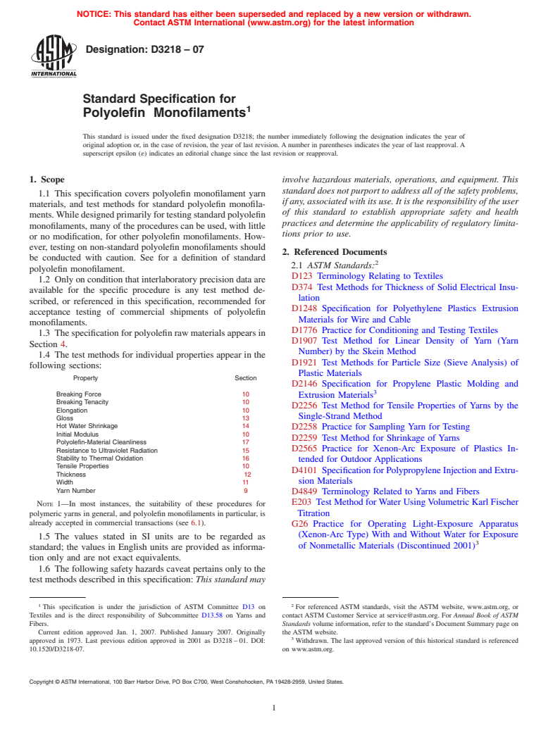 ASTM D3218-07 - Standard Specification for Polyolefin  Monofilaments