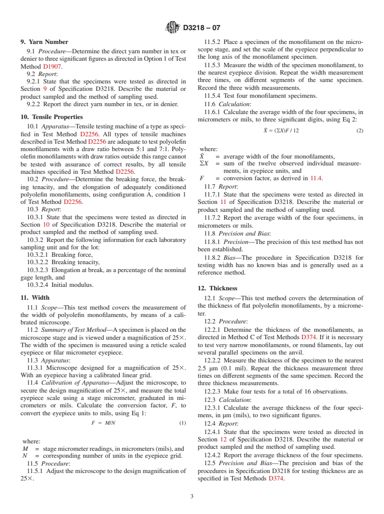 ASTM D3218-07 - Standard Specification for Polyolefin  Monofilaments