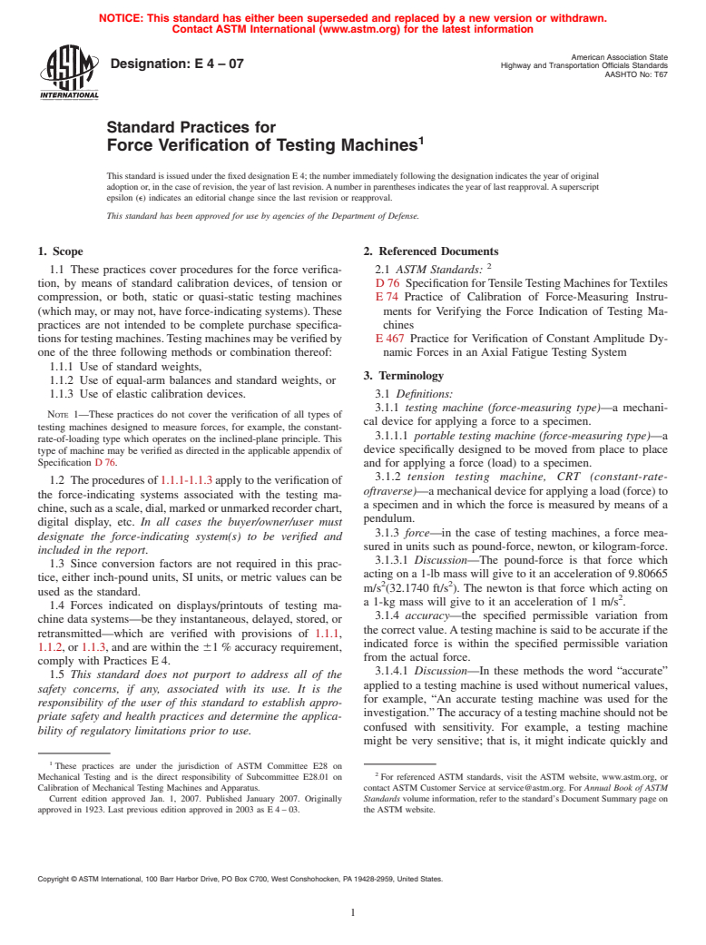 ASTM E4-07 - Standard Practices for Force Verification of Testing Machines