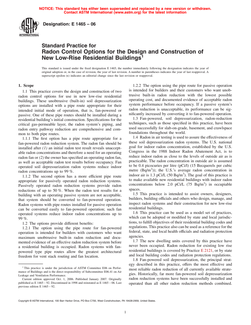 ASTM E1465-06 - Standard Practice for Radon Control Options for the Design and Construction of New Low-Rise Residential Buildings