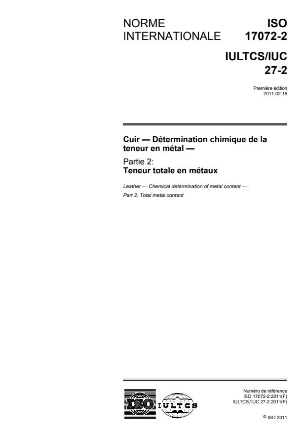 ISO 17072-2:2011 - Cuir -- Détermination chimique de la teneur en métal