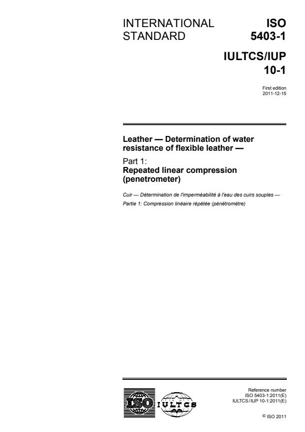 ISO 5403-1:2011 - Leather -- Determination of water resistance of flexible leather