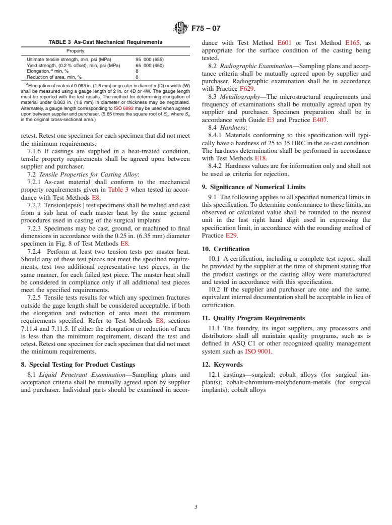 ASTM F75-07 - Standard Specification for Cobalt-28 Chromium-6 Molybdenum Alloy Castings and Casting Alloy for Surgical Implants (UNS R30075)