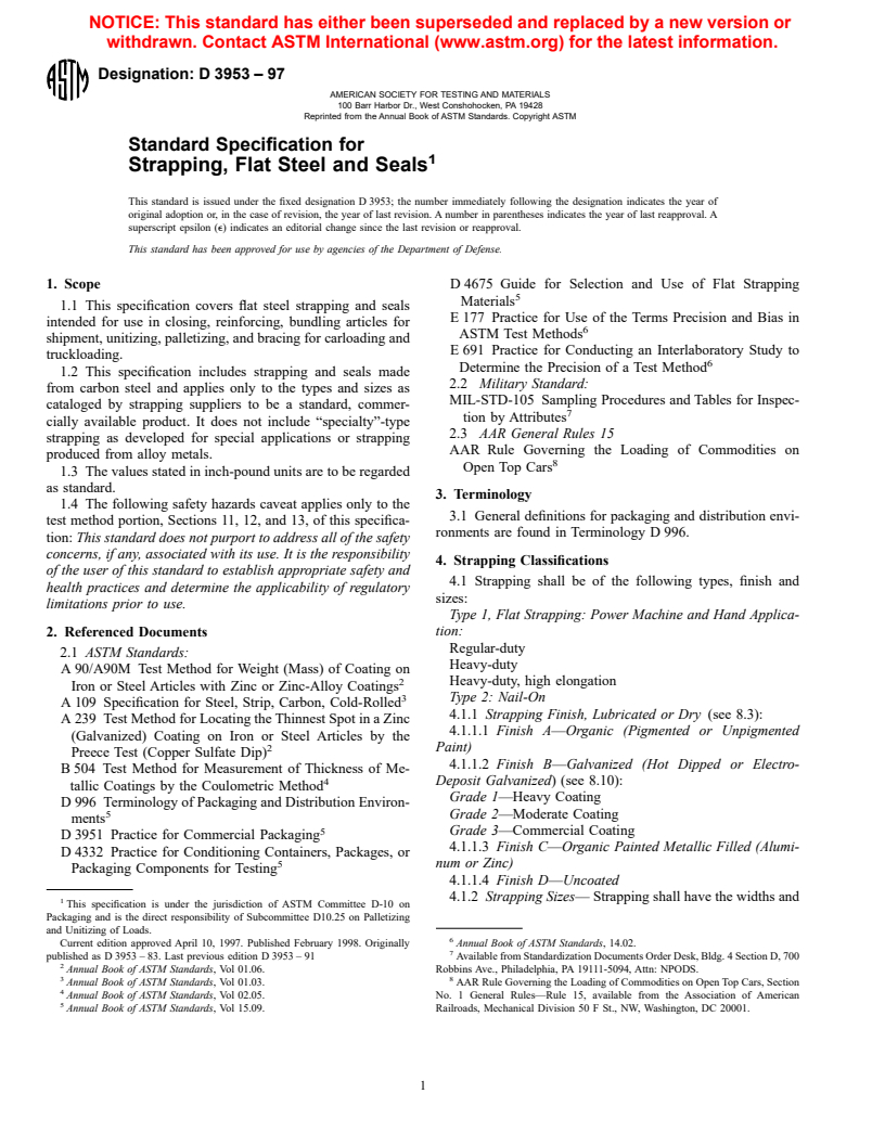 ASTM D3953-97 - Standard Specification For Strapping, Flat Steel And Seals