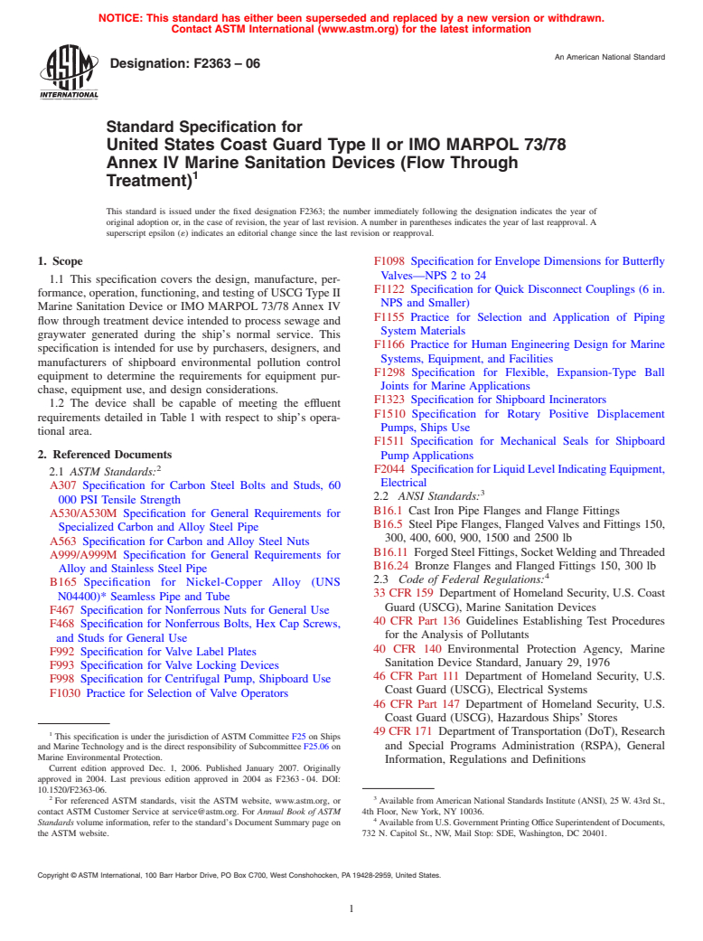 ASTM F2363-06 - Standard Specification for United States Coast Guard Type II or IMO MARPOL 73/78 Annex IV Marine Sanitation Devices (Flow Through Treatment)