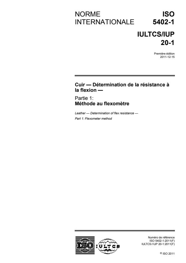 ISO 5402-1:2011 - Cuir -- Détermination de la résistance a la flexion