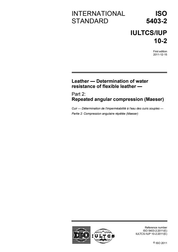 ISO 5403-2:2011 - Leather -- Determination of water resistance of flexible leather