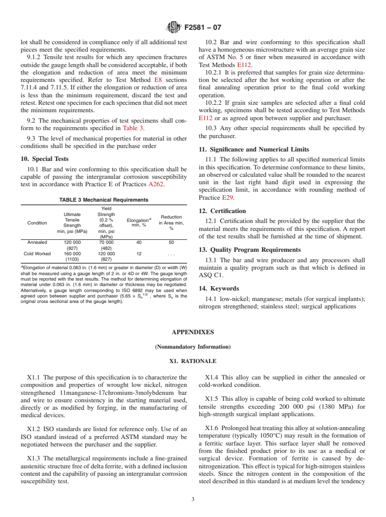 ASTM F2581-07 - Standard Specification for Wrought Nitrogen Strengthened 11Manganese-17Chromium-3Molybdenum Low-Nickel Stainless Steel Alloy Bar and Wire for Surgical Implants (UNS S29225)