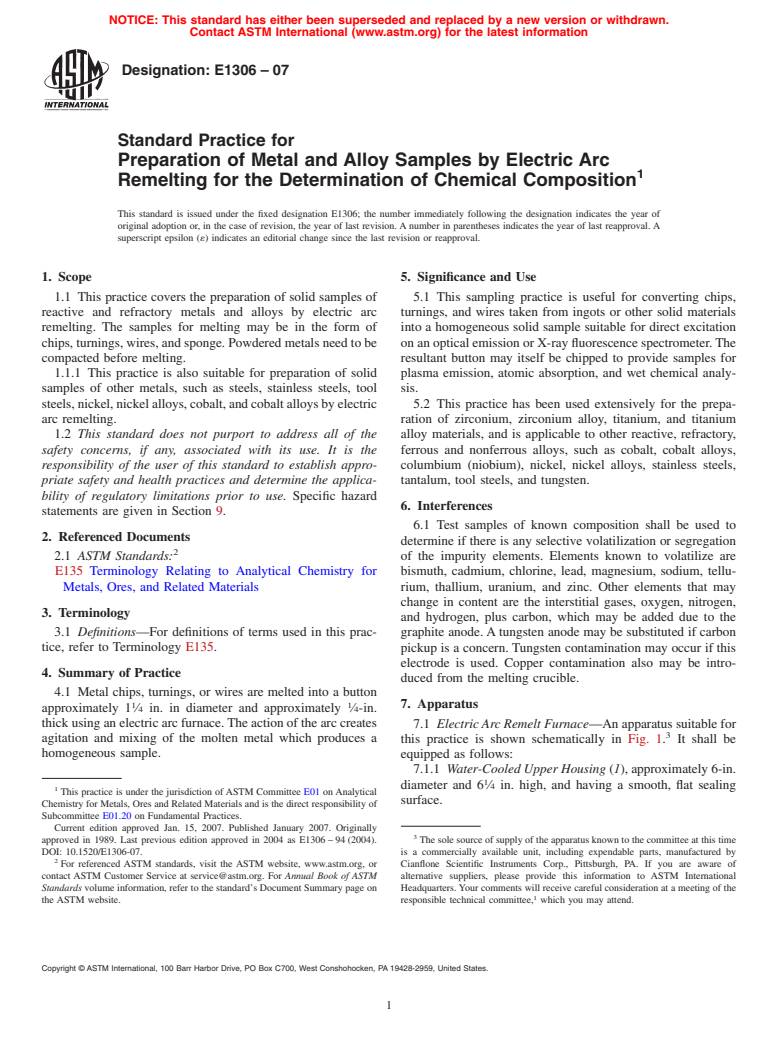 ASTM E1306-07 - Standard Practice for Preparation of Metal and Alloy Samples by Electric Arc Remelting for the Determination of Chemical Composition