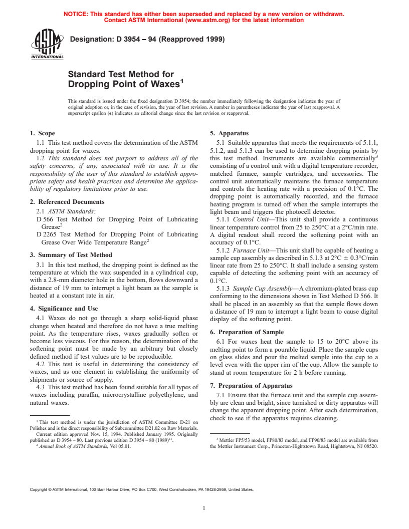 ASTM D3954-94(1999) - Standard Test Method for Dropping Point of Waxes