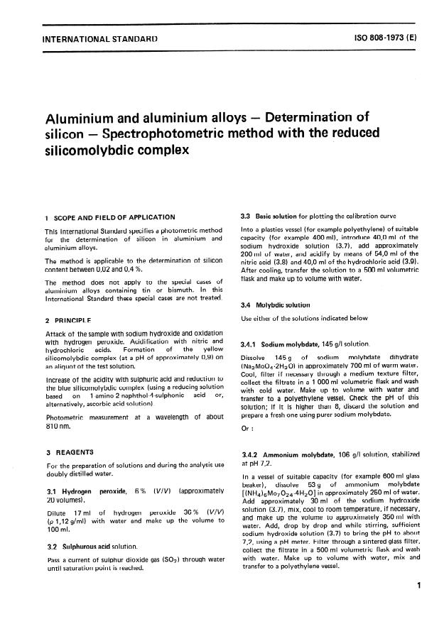 ISO 808:1973 - Aluminium and aluminium alloys -- Determination of silicon -- Spectrophotometric method with the reduced silicomolybdic complex