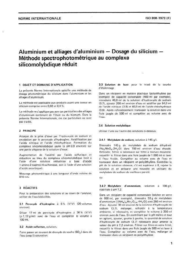 ISO 808:1973 - Aluminium et alliages d'aluminium -- Dosage du silicium -- Méthode spectrophotométrique au complexe silicomolybdique réduit