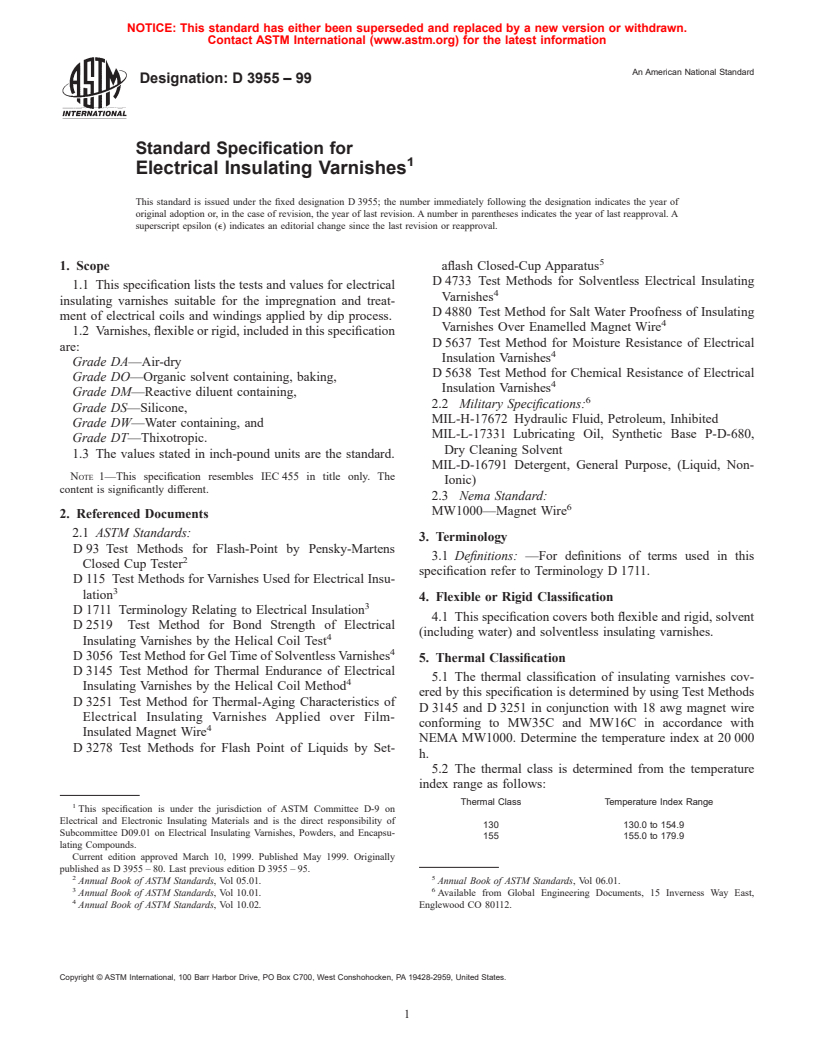 ASTM D3955-99 - Standard Specification For Electrical Insulating Varnishes