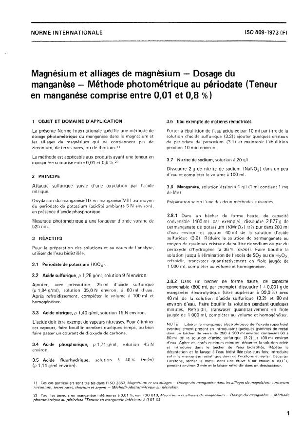 ISO 809:1973 - Magnésium et alliages de magnésium -- Dosage du manganese -- Méthode photométrique au périodate (Teneur en manganese comprise entre 0,01 et 0,8 %)