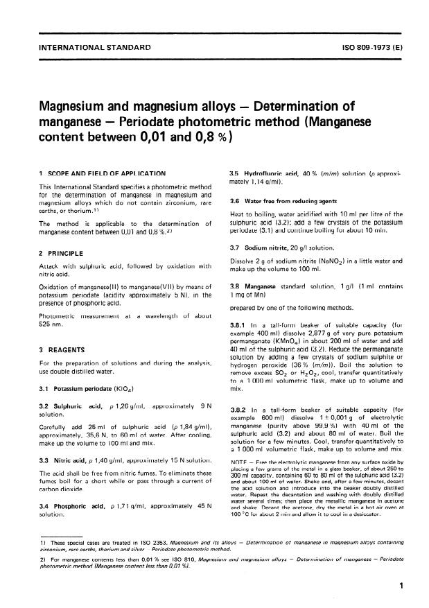 ISO 809:1973 - Magnesium and magnesium alloys -- Determination of manganese -- Periodate photometric method (Manganese content between 0,01 and 0,8 %)