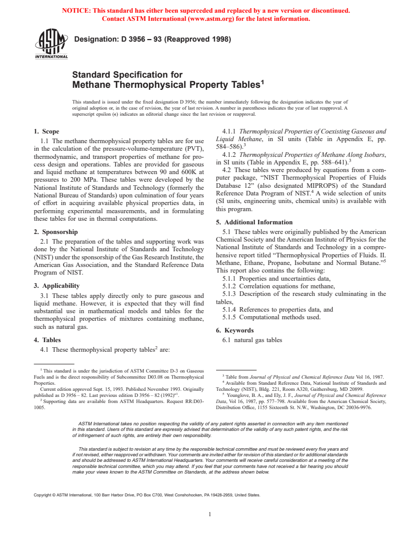 ASTM D3956-93(1998) - Standard Specification for Methane Thermophysical Property Tables