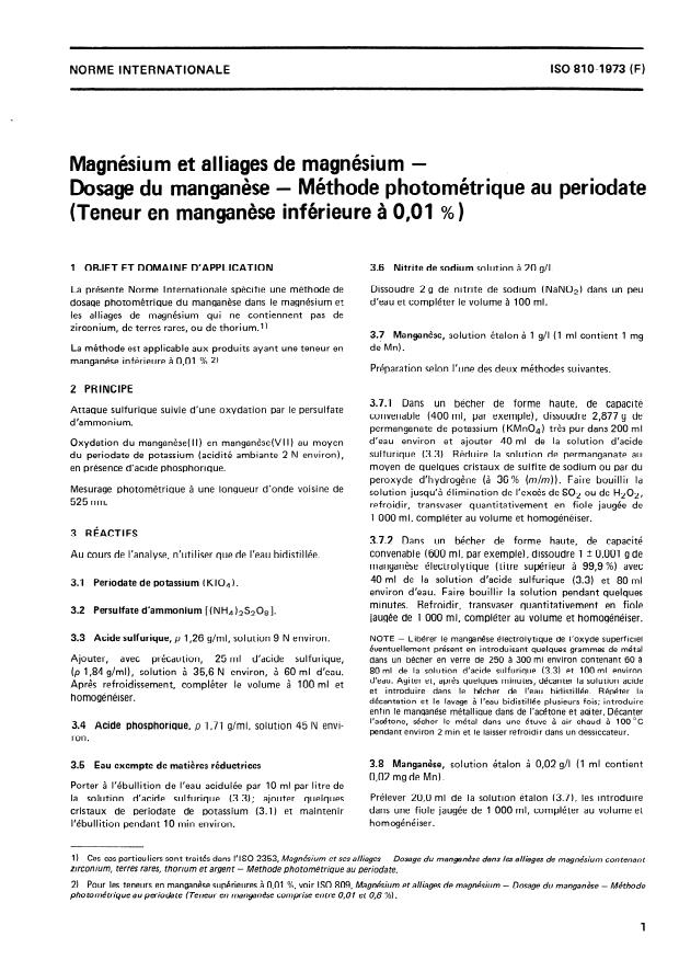 ISO 810:1973 - Magnésium et alliages de magnésium -- Dosage du manganese -- Méthode photométrique au périodate (Teneur en manganese inférieure a 0,01 %)