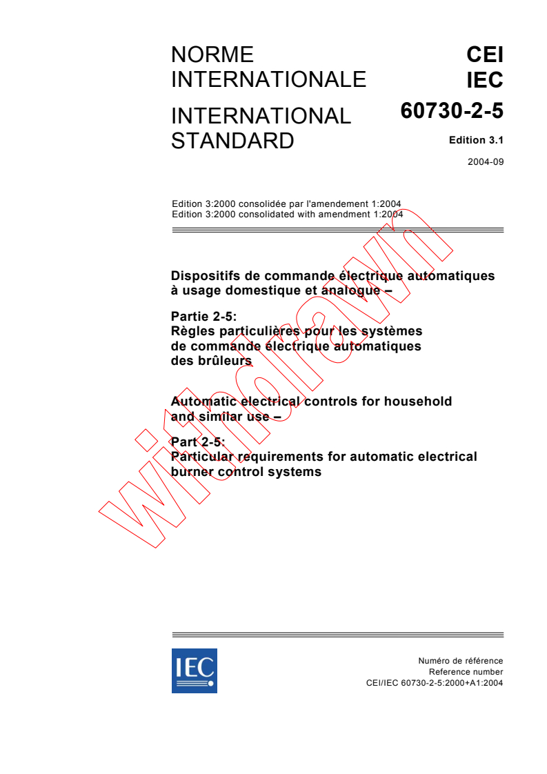 IEC 60730-2-5:2000+AMD1:2004 CSV - Automatic electrical controls for household and similar use - Part 2-5: Particular requirements for automatic electrical burner control systems
Released:9/28/2004
Isbn:2831876362