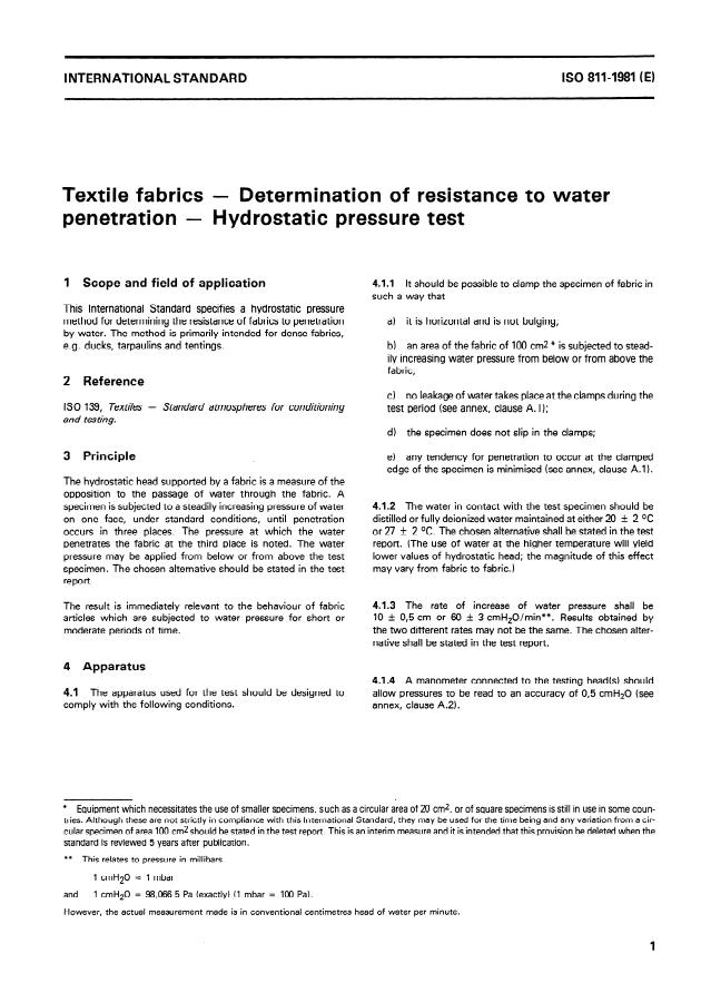 ISO 811:1981 - Textile fabrics -- Determination of resistance to water penetration -- Hydrostatic pressure test