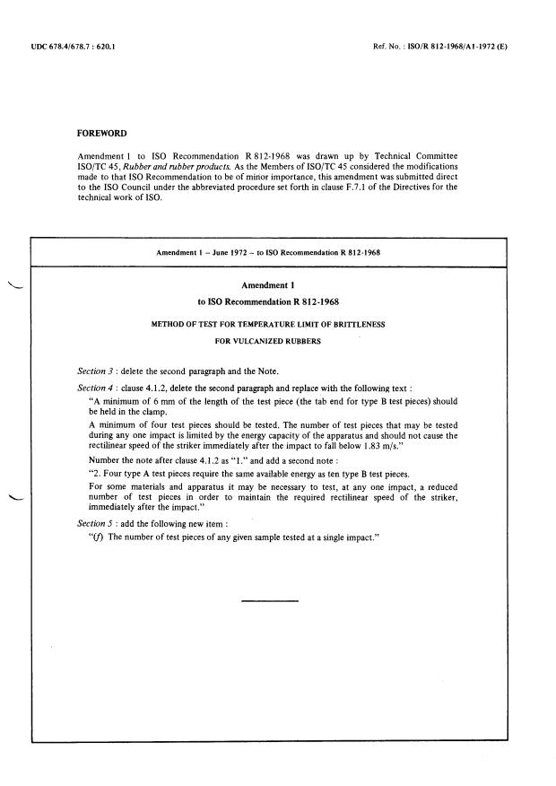 ISO/R 812:1968 - Method of test for temperature limit of brittleness for vulcanized rubbers