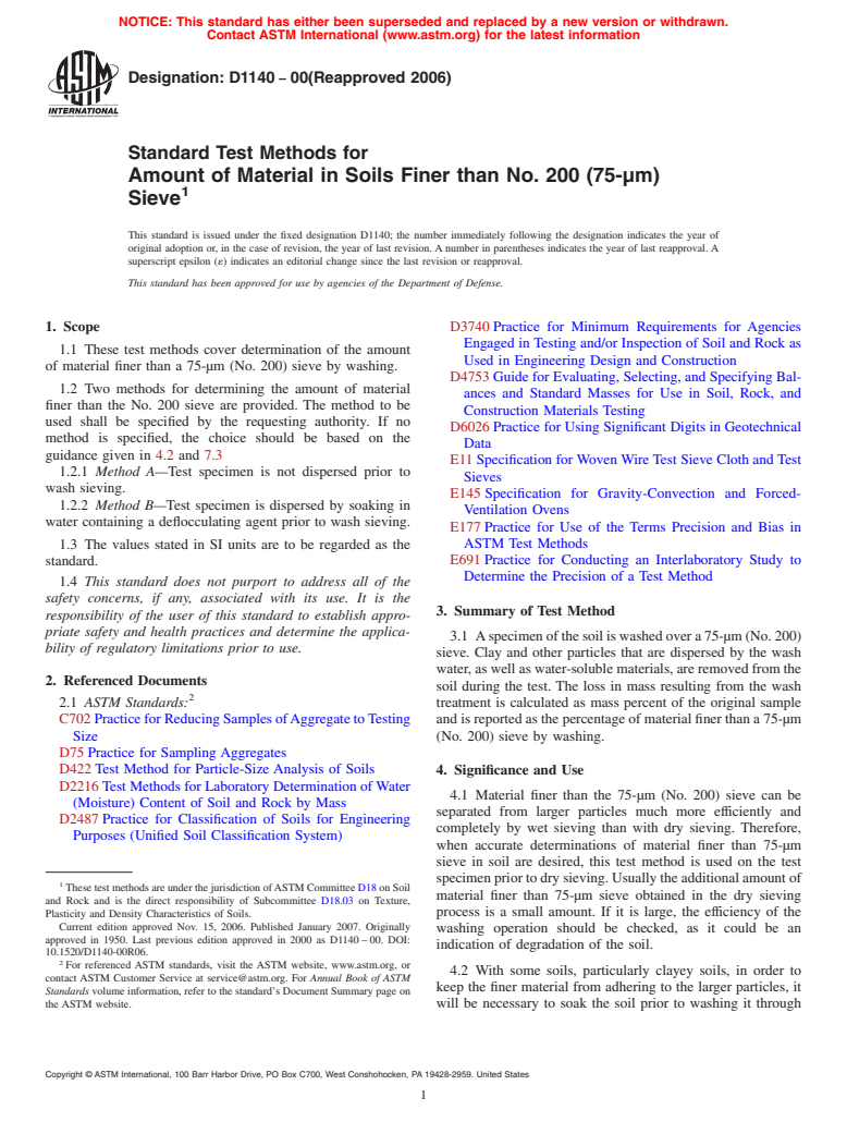 ASTM D1140-00(2006) - Standard Test Methods for Amount of Material in Soils Finer than No. 200 (75-&#956;m) Sieve